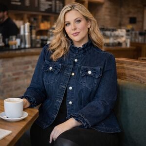 INC International Concepts Dark Blue Ruffled Jean Jacket